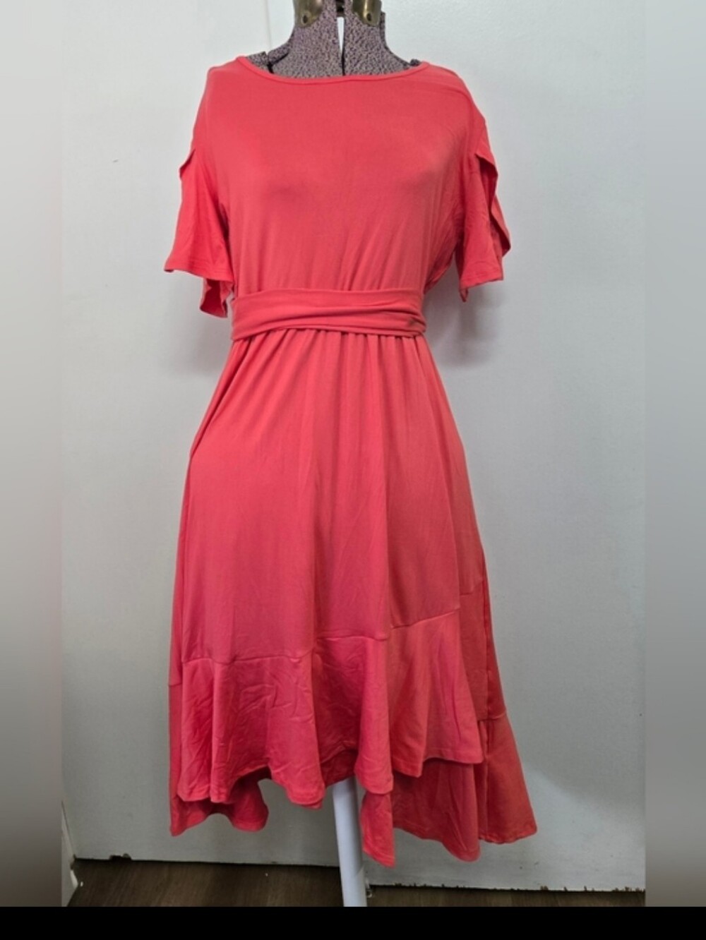 Reborn J Womens Coral Beachy High-Low Midi Dress with Waist Tie Size Large